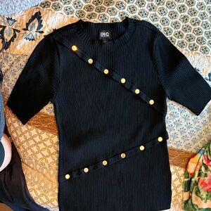 INC International Concepts Black Ribbed Top with Gold Button Trim